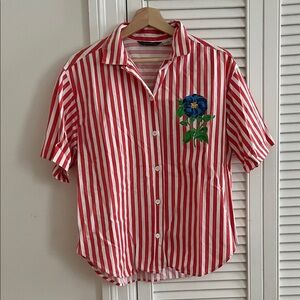 Red and White Striped Shirt with Floral Design